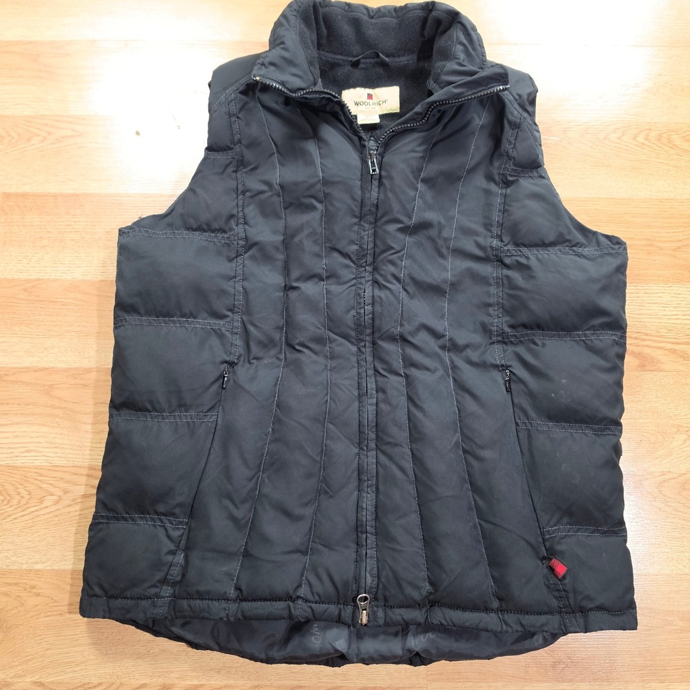 Woolrich Puffer Vest Womens L Quilted Full Zip Fleece Lined Collar Black